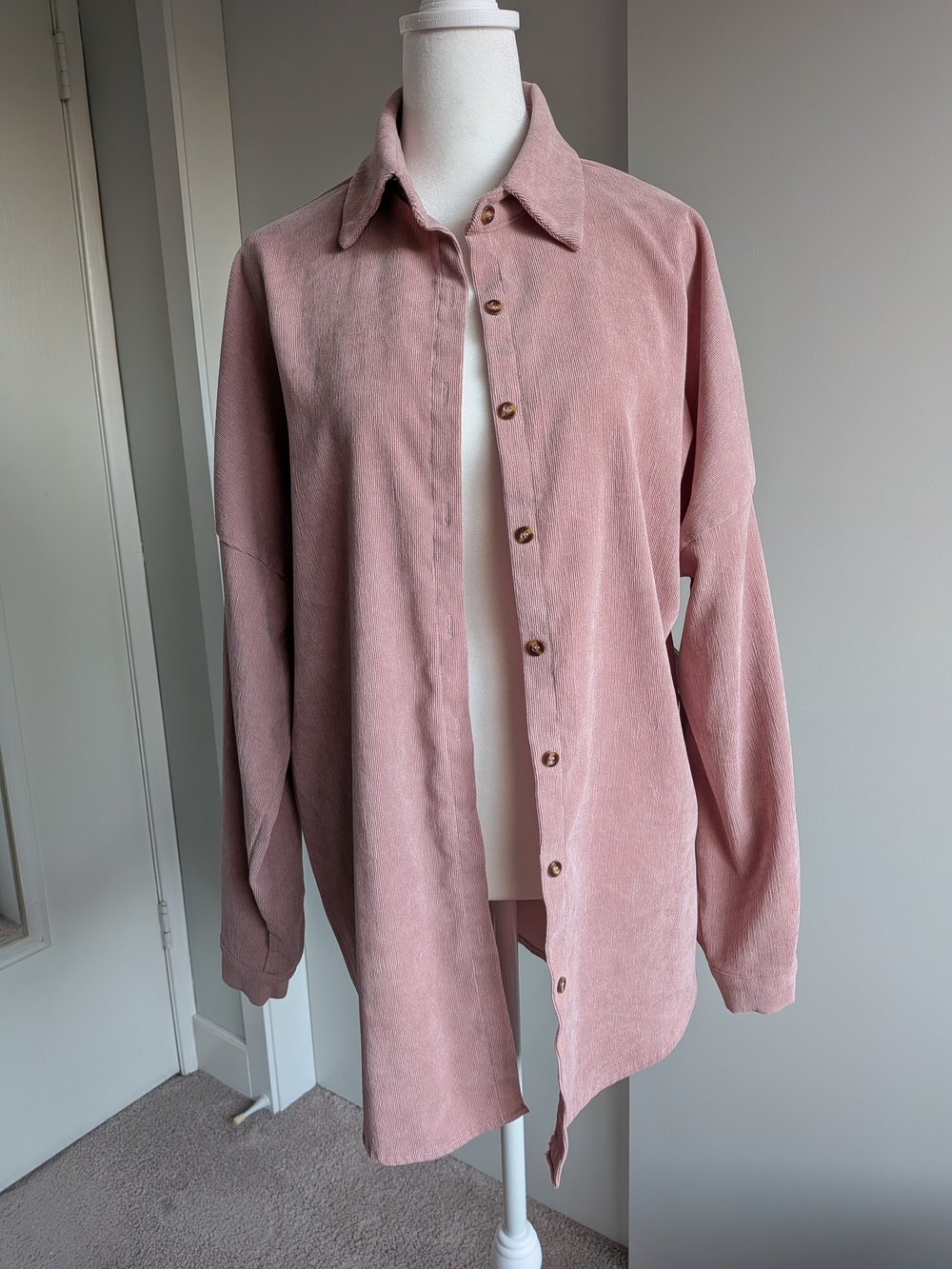 L Sweet Pink Corduroy Overshirt/Button-Down Collared Shirt